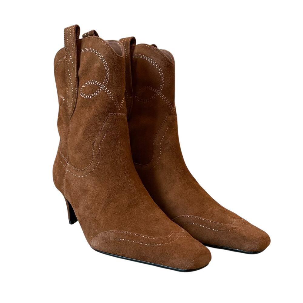 Black Suede Studio Suede Western Booties Women's US 8 Cela Snip Toe Brown NEW - Picture 3 of 16